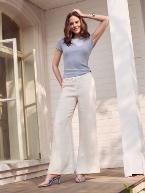 OGL Off White European Linen Mid Rise Flared Pant Size Medium Regular Length